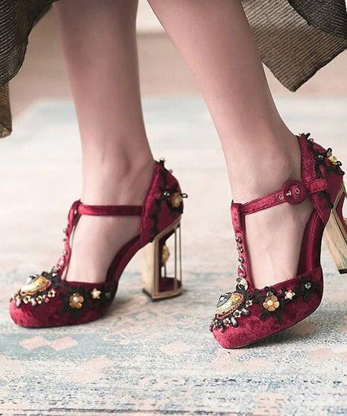 Embellished T-Strap Heels